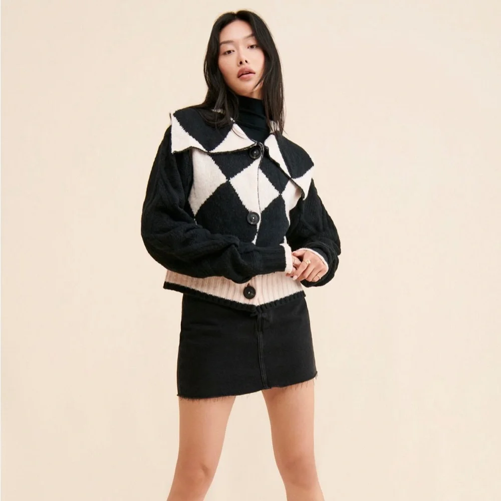 FREE PEOPLE WE THE FREE Joy Diamond Polo Cardigan Sweater in Black Cream size XS